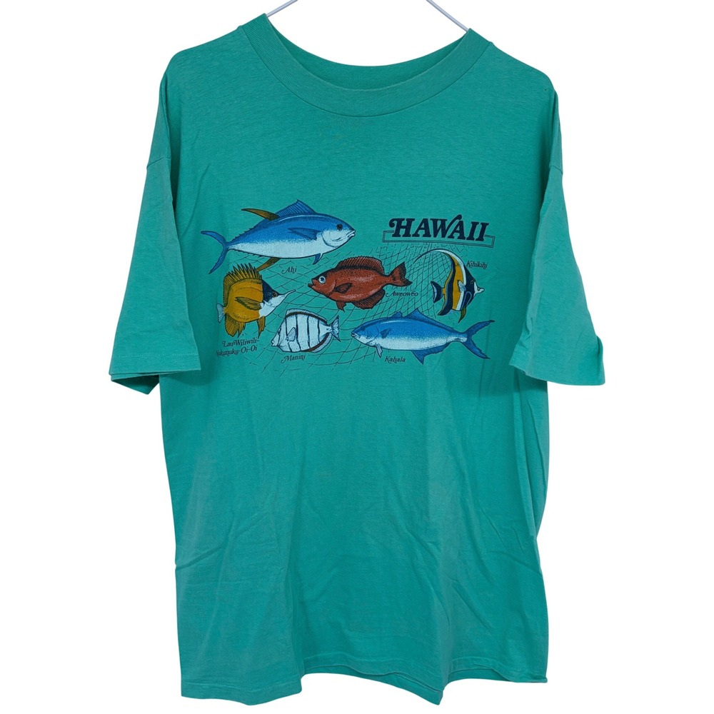Vintage‎ Hanes Beefy Hawaii Fish Graphic T Shirt XL Green Single Stitch Vtg 90s